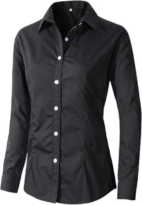 Close-up of black button-down shirt featuring white buttons and collar size S label