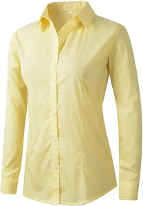 Detail of the pale yellow button-down formal shirt with white buttons and collar tag