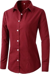 Detail of burgundy women's button-up shirt featuring classic collar and white contrast buttons