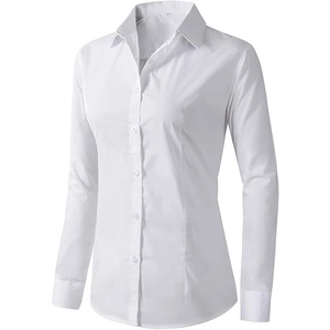 Women Elegant Polyester Long Sleeve Button Down Shirt Slim Fit Solid Color Formal Office Work Blouse Lapel Collar Top
