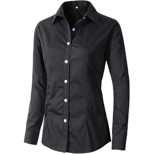 Classic slim fit black button down women shirt with contrasting white buttons