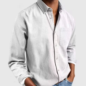 Men's casual light gray linen long sleeve shirt with classic lapel and front chest pocket