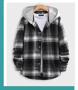 Detail of men's hooded plaid shirt with black and grey pattern and white drawstring hood