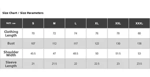 Detailed size chart for men's outdoor cotton short sleeve shirt showing CM measurements