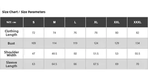 Detailed size chart for men's long sleeve outdoor shirt from S to 3XL with measurements