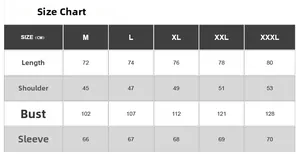 Detailed size chart for men's long sleeve cotton shirts from size M up to XXXL