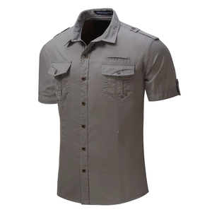 Men's grey military short sleeve shirt with epaulettes and double chest pockets