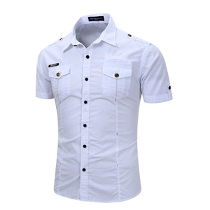 Close-up of white tactical military short sleeve shirt with chest pockets and epaulettes