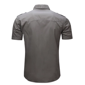 Back view of men's grey military style short sleeve cotton shirt with shoulder epaulets