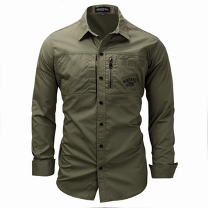 Army green men's long sleeve tactical cotton shirt with dual pockets and chest embroidery