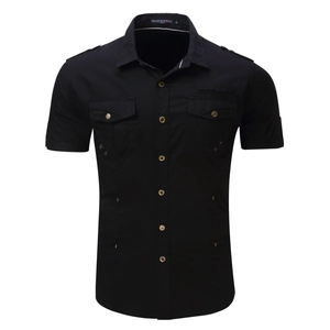 Men's black short-sleeve military cargo shirt with shoulder straps and double chest pockets