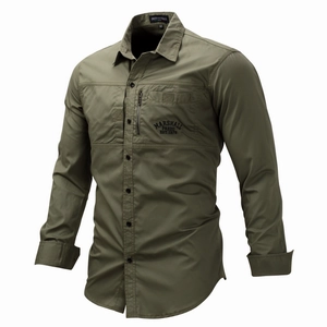 Men's outdoor military-style long sleeve cotton shirt with tactical pockets in army green