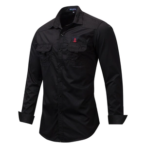 Classic men's black long sleeve cotton shirt with chest pockets and turndown collar