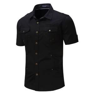 Men's black short-sleeve military cargo shirt with shoulder epaulets and dual pockets