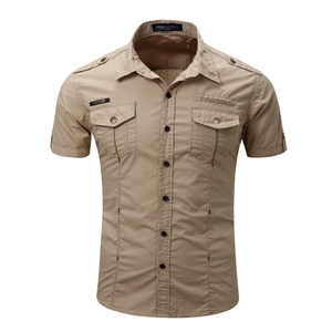 Men's khaki cotton cargo short sleeve shirt with shoulder straps and double pockets