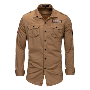 Classic khaki long sleeve cotton tactical shirt with double chest pockets and epaulettes