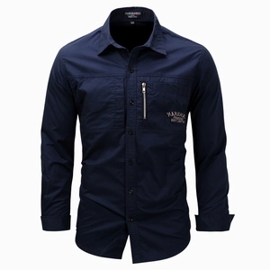 Men Cotton Long Sleeve Military Shirt Outdoor Tactical Work Shirt Turn-Down Collar Zip Pocket Embroidery Top