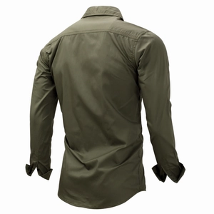 Men's military style long sleeve cotton shirt in army green with back yoke stitching detail