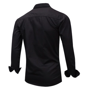 Classic men's black long-sleeve cotton shirt in slim fit with curved hem and back yoke detail