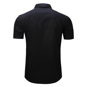 Back view of black military style short sleeve shirt showing epaulets and tailored seams