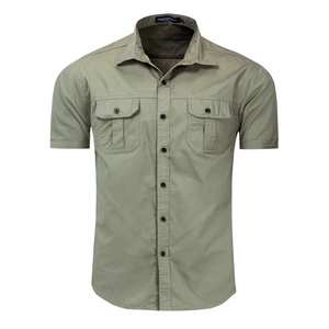 Men Short Sleeve Cotton Cargo Shirt Military Style Dual Pocket Casual Button Down Outdoor Summer Top For Men Clothing
