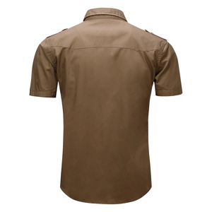 Men's short sleeve military style work shirt in dark khaki with epaulets back view