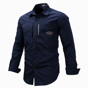 Navy blue men's cotton long sleeve military style shirt with zipper pocket and embroidery