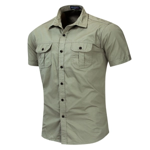 Mens military style olive green short sleeve cotton work shirt with double chest pockets