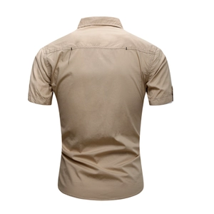 Back view of khaki men's military-style cotton short sleeve shirt with reinforced seams