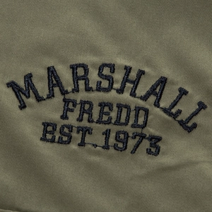 Olive green cotton military shirt with Marshall Fredd Est. 1973 embroidery detail