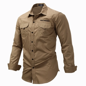 Men's khaki cotton outdoor work shirt with long sleeves and dual chest pockets