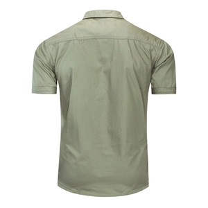 Men's cotton military short sleeve shirt in army green, back view showing clean cut