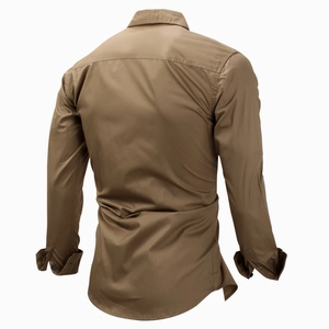 Back view of men's military cotton long sleeve outdoor shirt with double stitching