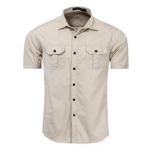 Men's khaki short sleeve cotton military shirt with utility pockets in slim fit