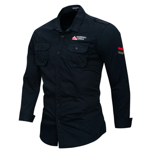 Men's dark blue tactical long sleeve cotton outdoor shirt with double chest pockets