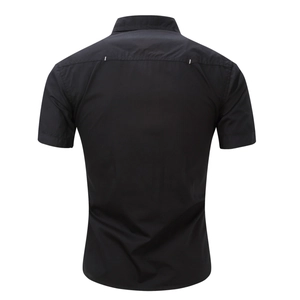 Rear view of black cotton military style short-sleeved shirt with shoulder stitching detail