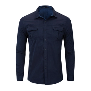 Men 100 Percent Cotton Military Cargo Shirt Long Sleeve Turn Down Collar Button Up Work Tops With Double Pockets Outdoor Casual Solid Shirt