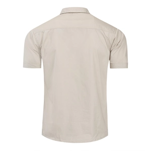 Detailed back view of a men's khaki short-sleeve cotton shirt with reinforced stitching