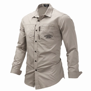 Men's khaki cotton cargo shirt with long sleeves and embroidered pocket detail