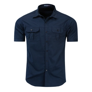 Classic navy blue cotton military style short sleeve shirt for men with chest pockets