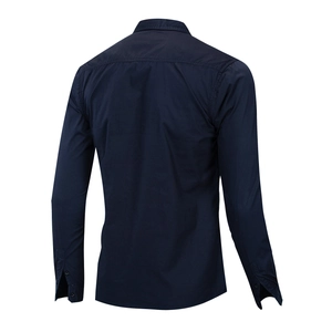 Detail of navy blue cotton shirt back with horizontal stitching and adjustable cuffs