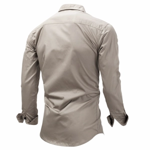 Men's khaki long sleeve cotton military shirt featuring a classic collar and back yoke detail