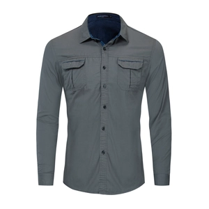 Men's cotton long sleeve tactical grey shirt with chest pockets and blue collar detail
