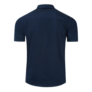 Back view of men's navy short sleeve cotton shirt with horizontal shoulder stitching detail