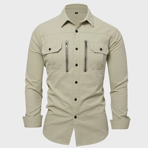 Men's khaki long sleeve cotton work shirt with tactical zipper pockets in slim fit design