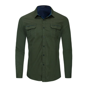 Men's olive green long sleeve cotton military shirt with flap pockets and contrast collar