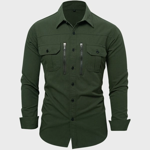 Tactical olive green cotton long sleeve shirt for men with four functional pockets