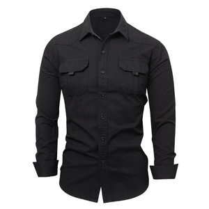 Men's Cargo Shirt Pure Cotton Long Sleeve Turndown Collar Casual Work Shirt With Two Flap Pockets Solid Color Autumn Fashion Top