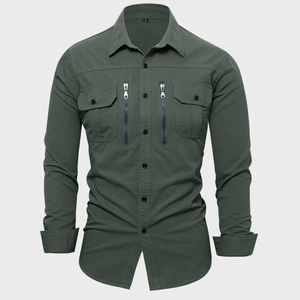 Army green long sleeve tactical cargo shirt for men with double pockets and zipper detail