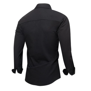 Men's black 100% cotton long sleeve work shirt featuring a back yoke and clean design